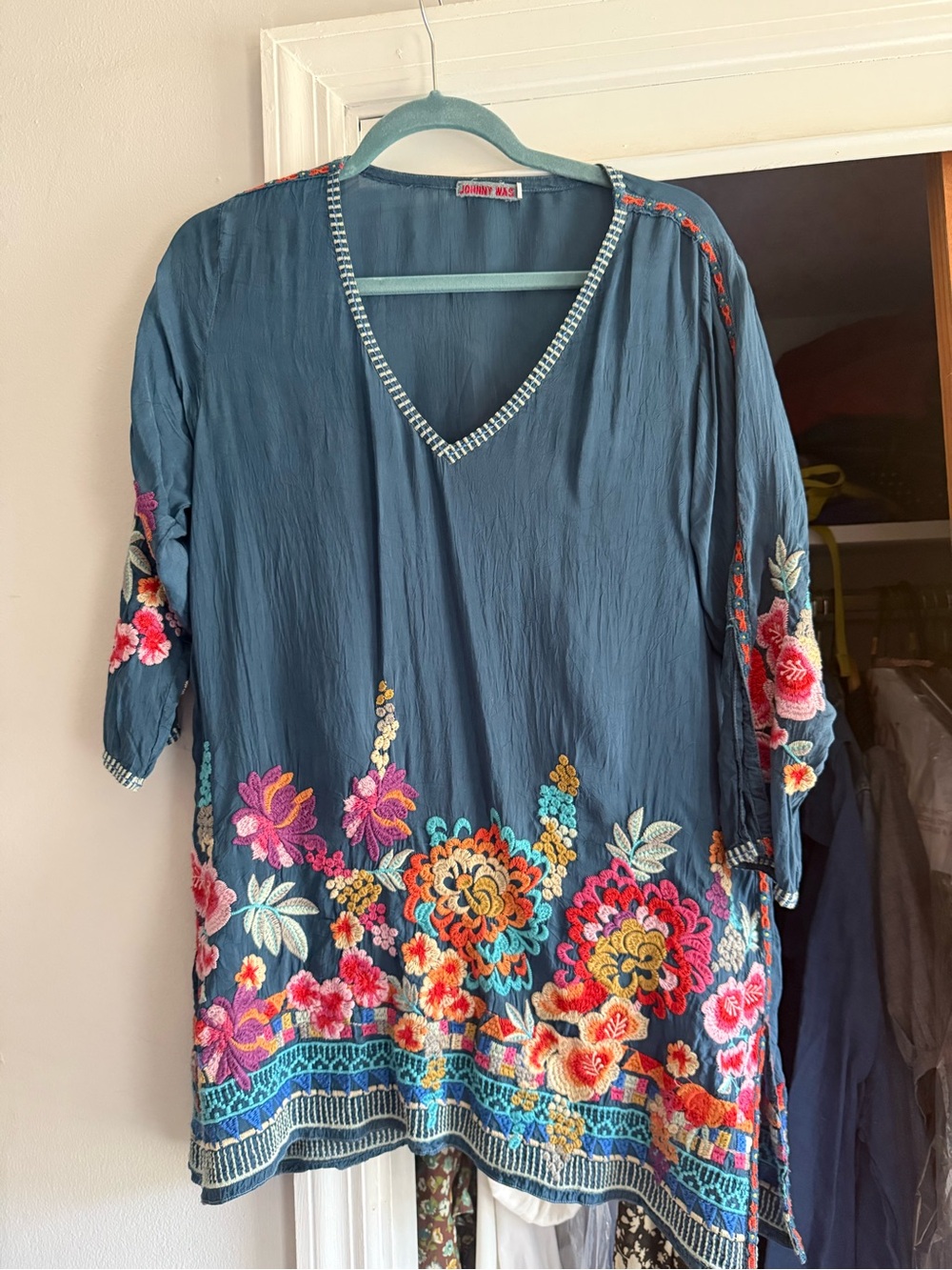 Johnny Was Teal Embroidered Floral V-Neck Tunic